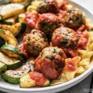 D5- Meatballs with Pasta, Rice, Roasted Vegetable. Image