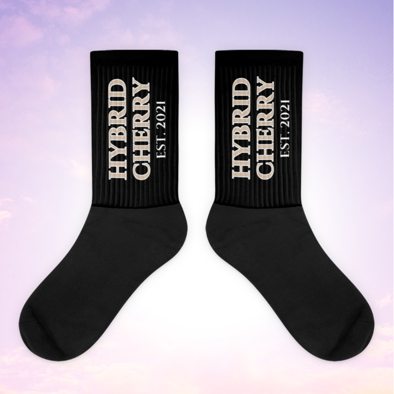 HYBRID CHERRY "EST, 2021" Cushioned Socks (Black/Sand/Tan Font) Main Image