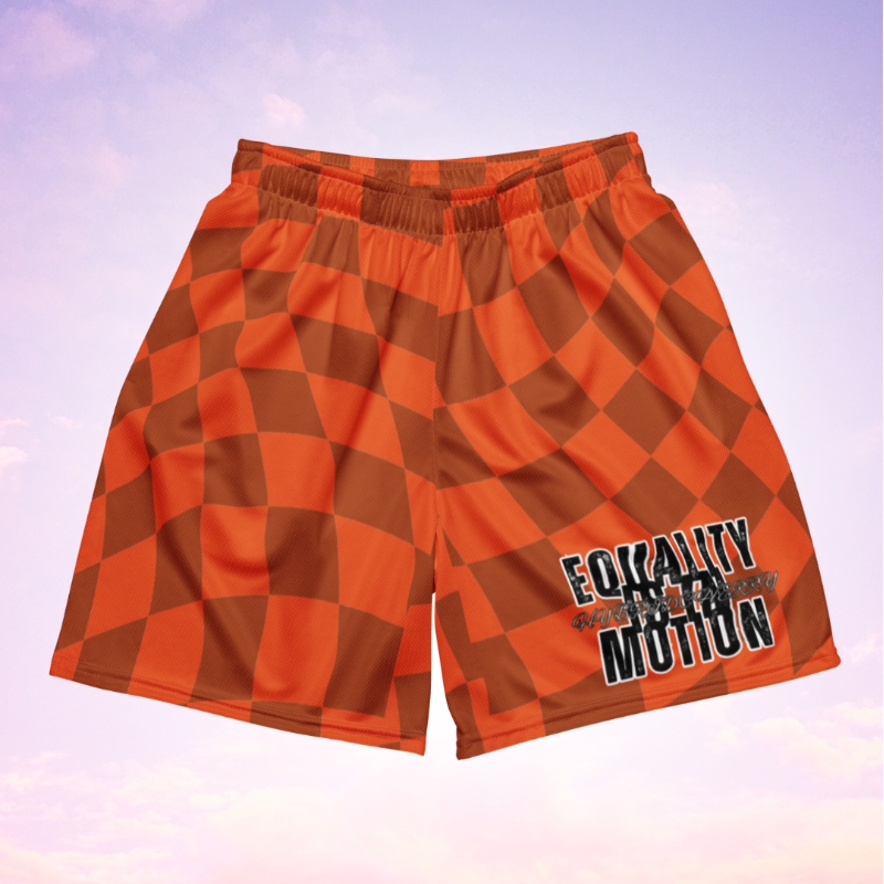 🚨NEW🚨HybridCherry “Equality Is In Motion” Mesh Shorts (Orange/Checkered) Main Image