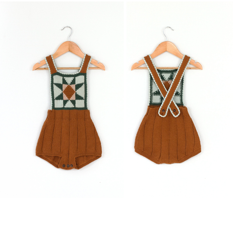 patchwork quilt romper. acorn