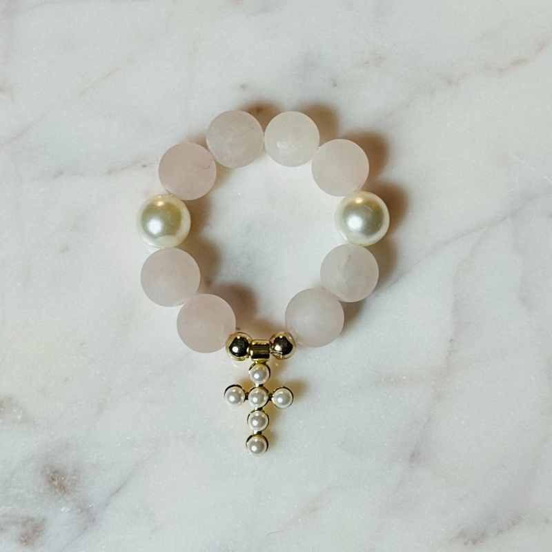 Mini Decade Rosary mother of pearl cross light blush glass beads 
