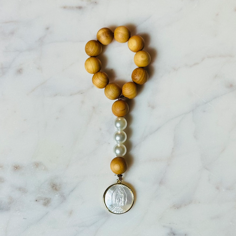 Mini Decade Rosary -cedar beads with Virgin Mary mother of pearl pendant