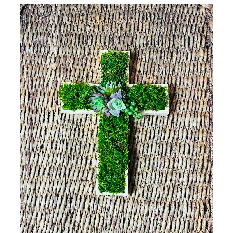wood cross with moss and faux succulent 7x9 inches
