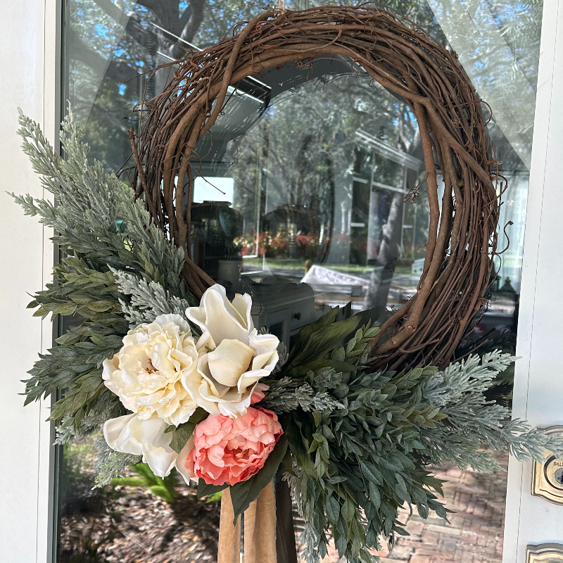 grapevine wreath with a touch off peach