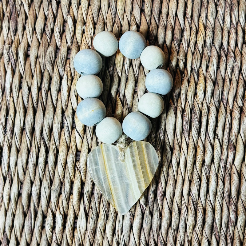 grey wood bead decade with natural stone heart