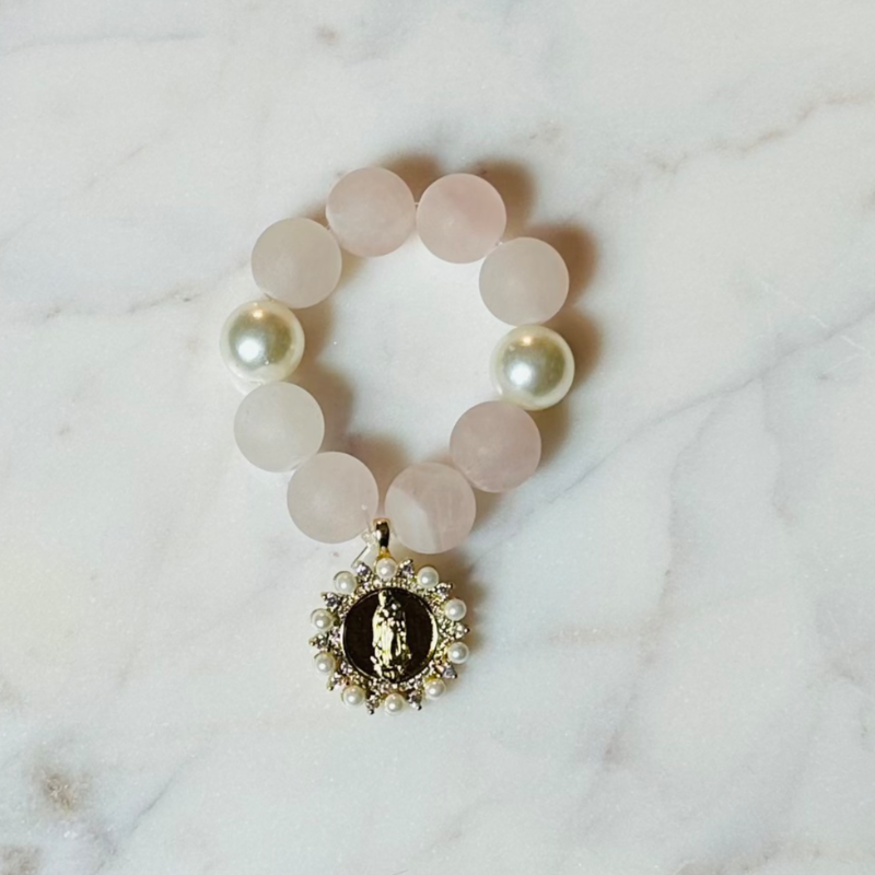 Mini Decade Rosary mother of pearl pendant light blush glass beads 