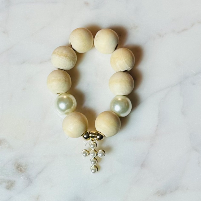 Mini Decade Rosary pearl cross natural wood beads and pearls