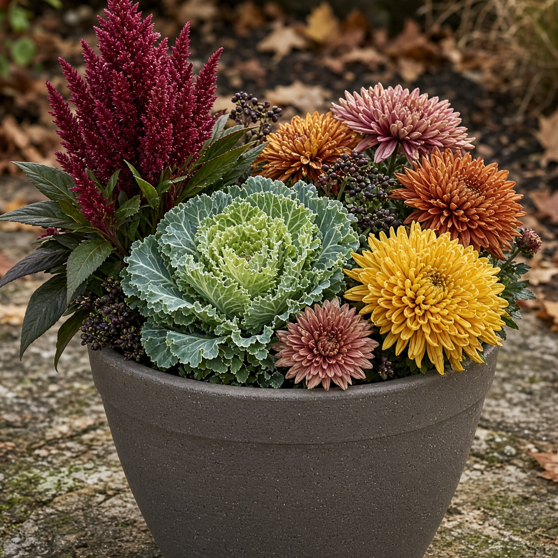 12" Mixed Fall Garden Patio Pot Planter (Celosia Intenz/Kale/Mums)