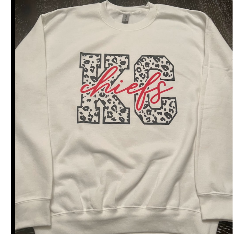 KC Chiefs Leopard & Red [White Gildan Softstyle Tee, Gildan Crewneck Sweatshirt or Hoodie] - Thumbnail (Preview) 3