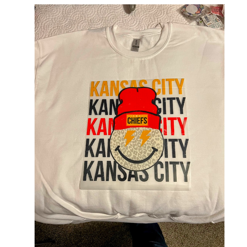 Kansas City Smiley Face [White or Heather Natural/Sand Gildan White or Sand Crewneck] - Thumbnail (Preview) 4