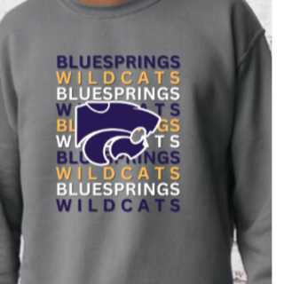 Blue Springs Wildcats Stacked [White or Solid Asphalt Blend/Charcoal Tee, White or Charcoal Gildan Crewneck or Hoodie] 