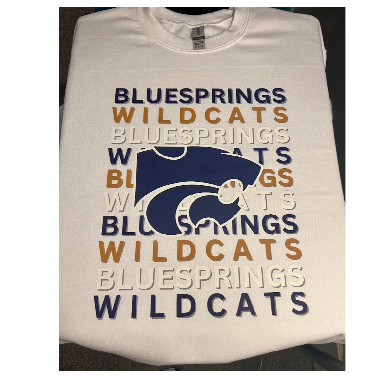 Blue Springs Wildcats Stacked [White or Solid Asphalt Blend/Charcoal Tee, White or Charcoal Gildan Crewneck or Hoodie]  - Thumbnail (Preview) 3