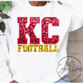 KC Football Faux Embroidery and Sequin [White Bella Canvas Tee, Gildan Crewneck Sweatshirt or Hoodie]