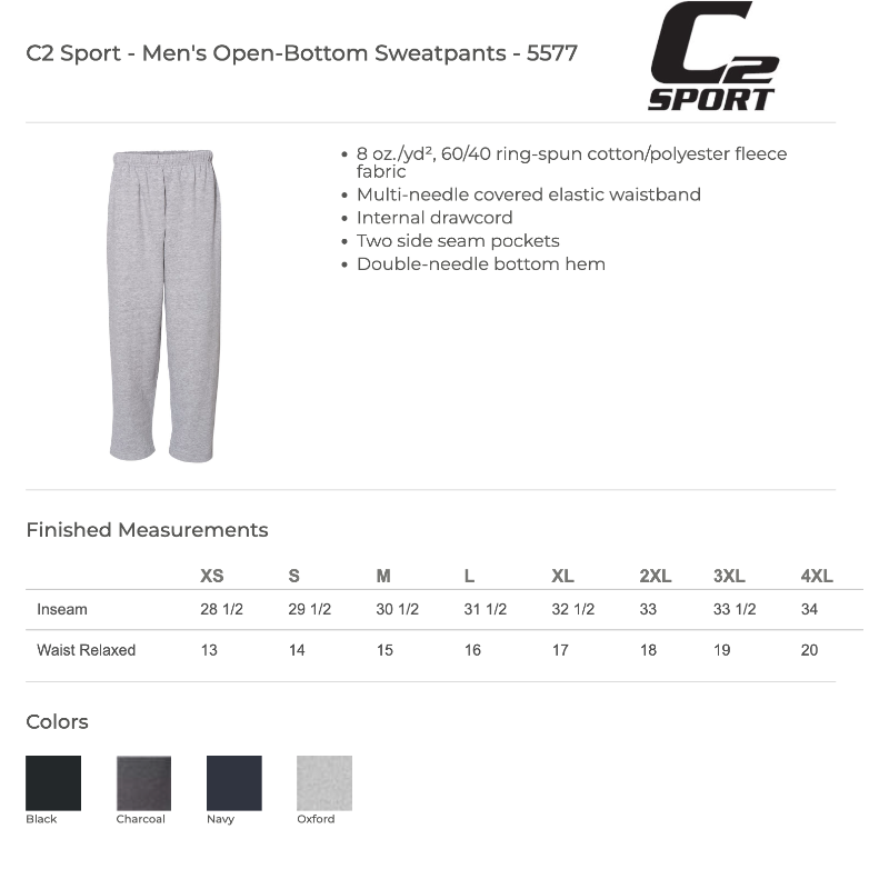 C2 Sport Open Bottom Sweatpants - Black (Youth & Unisex Adult)