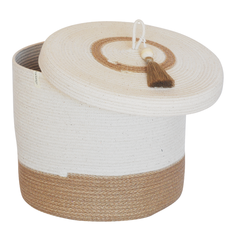 Lidded Cylinder Basket XL - Jute Block & Striped Lid (BSK12693W-XL) Main Image