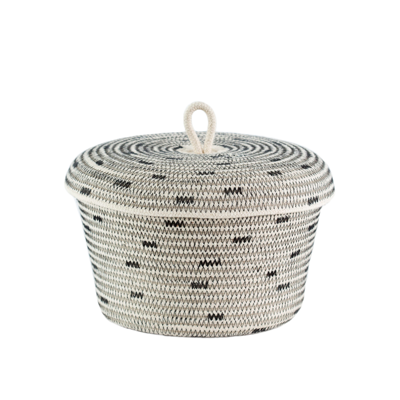 Lidded Bowl Basket - Stitched Polka Dot (black) (BSK11811W) Main Image