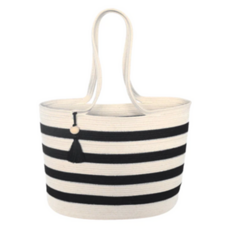 Shopper Bag - Ivory with Black Stripes (BSK10922W)  Main Image