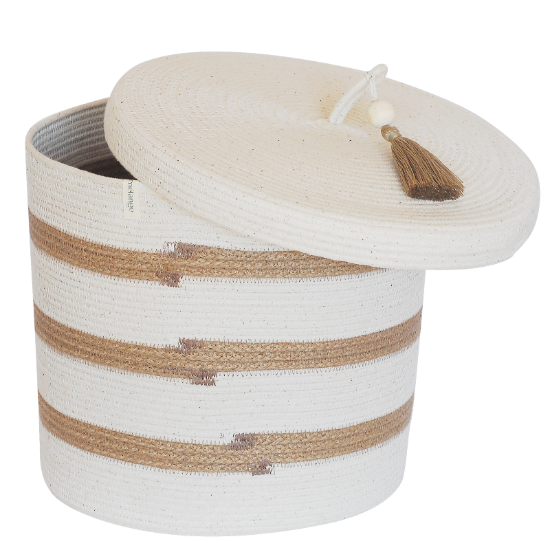 Lidded Cylinder Basket - Ivory & Jute Stripes (BSK12692W) Main Image