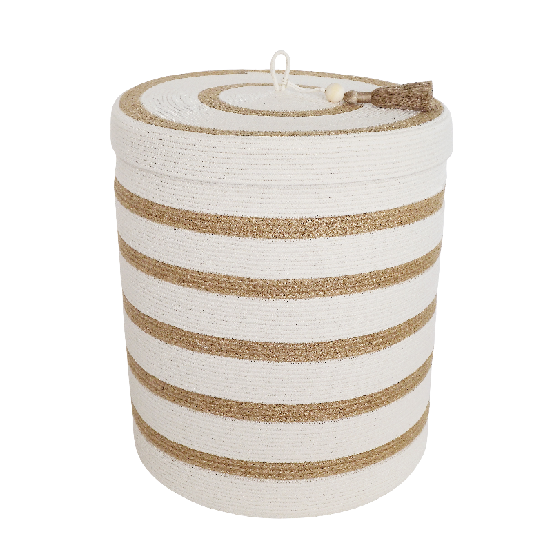 Lidded Laundry Basket L - Ivory & Jute Stripes (striped lid) (BSK12792W-L) Main Image