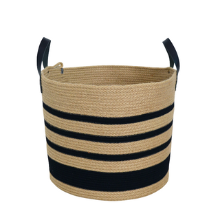 Leather Trim Floor Basket - Jute & Black Stripes (BSK10698LW)