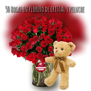 50 rosas en florero y peluche 