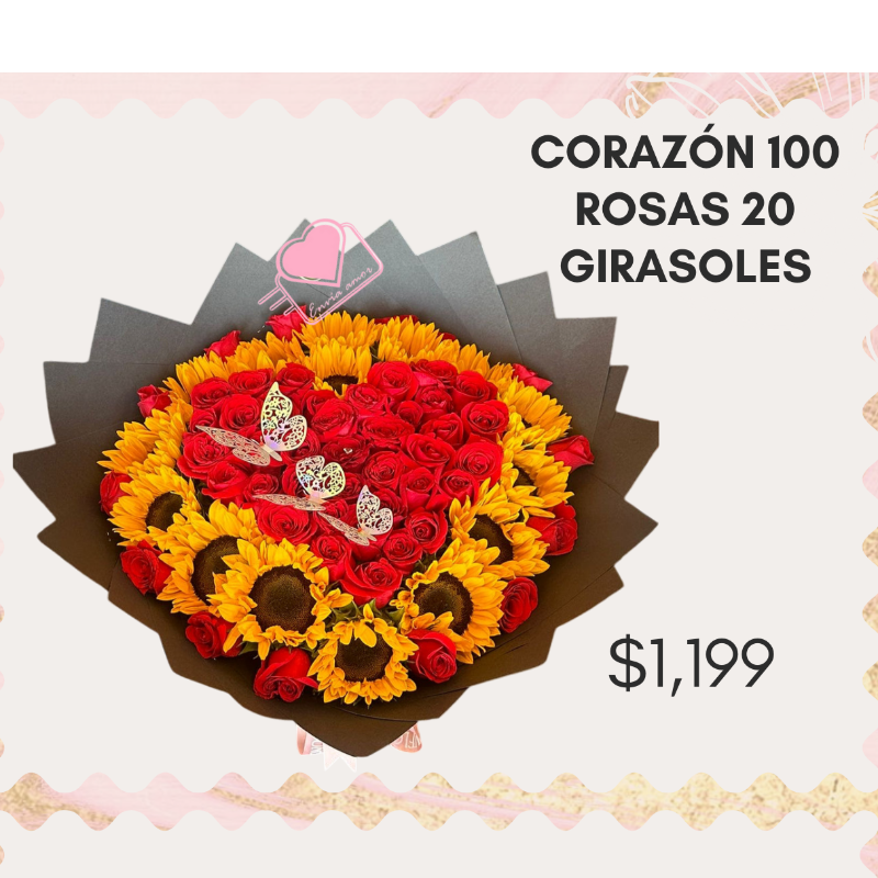 Ramo corazón 100 rosas 20 girasoles INCLUYE GLOBO! Main Image