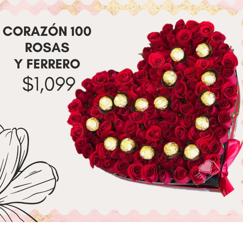 Corazón 100 rosas y Ferrero INCLUYE GLOBO!  Main Image