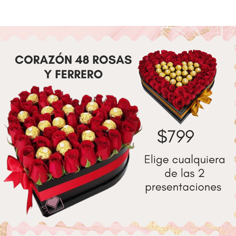 Corazón 48 Rosas y Ferrero INCLUYE GLOBO!  Main Image