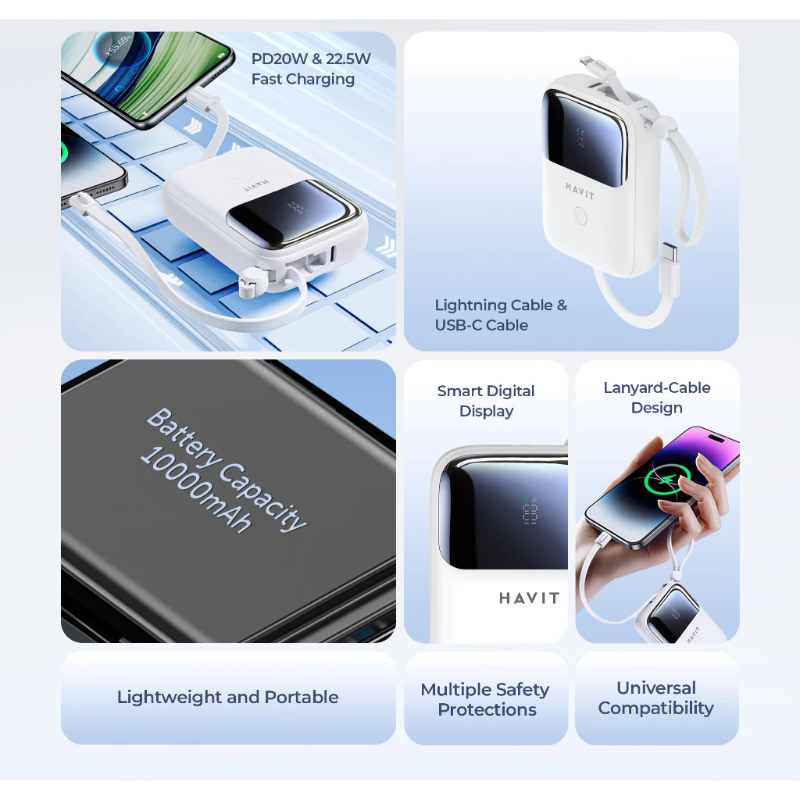 HAVIT PB5215 10,000mAh | PD20W Powerbank with USB-C & Lightning Cable | ABS Material