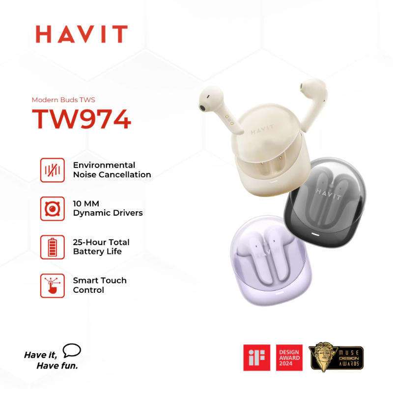 HAVIT TW974 Modern Earbuds | Chic And Stylish Design | USB Port: Type-C | 60ms Game Mode Low Latency