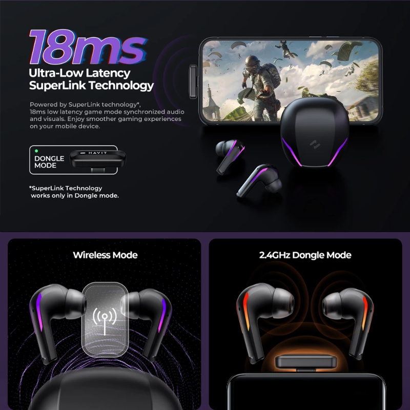 HAVIT TW970 Earbuds | 18ms Ultra Low Lantency | USB Port Type-C | 45mAh Earbuds Battery