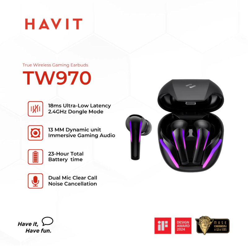 HAVIT TW970 Earbuds | 18ms Ultra Low Lantency | USB Port Type-C | 45mAh Earbuds Battery