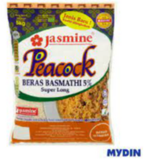 Jasmine Peacock Super Long Basmathi Rice / Beras Basmathi 5% (5kg)