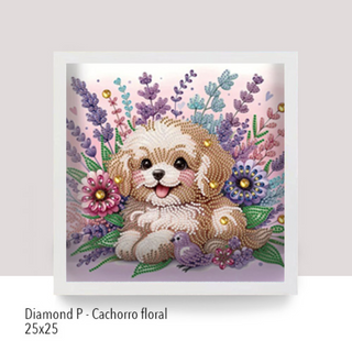 💎 Kit Diamond Painting con marco | Especial con cristales 25x25cm: Cachorro floral| DP259✨NEW✨