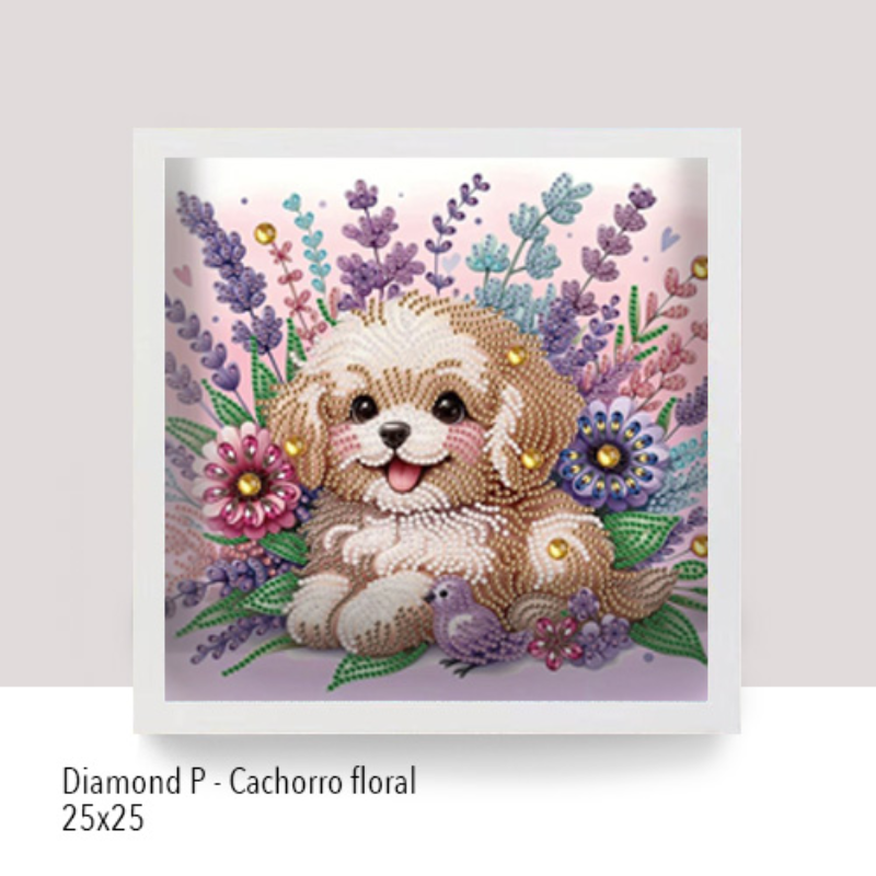 💎 Kit Diamond Painting con marco | Especial con cristales 25x25cm: Cachorro floral| DP259✨NEW✨