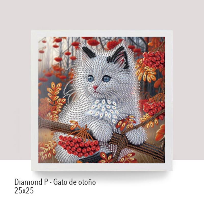 💎 Kit Diamond Painting con marco | Especial con cristales 25x25cm: Gato de otoño| DP257 ✨NEW✨ 