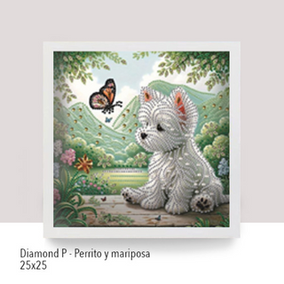 💎 Kit Diamond Painting con marco | Especial con cristales 25x25cm: Perrito y mariposa| DP260 ✨NEW✨