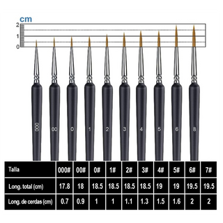 JUEGO DE PINCELES FINOS por 10 piezas: Tamaños: 000, 00, 0, 1, 2, 3, 4, 5, 6, 8