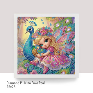 💎Kit Diamond Painting con marco | Especial con cristales 25x25cm: Niña Pavo Real| DP254✨NEW✨