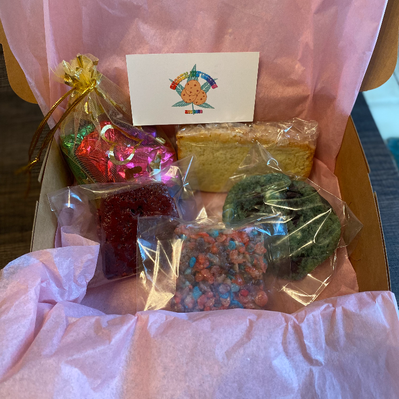 🏳️‍🌈Pride Box *Half Rain on me Edition* (Cookie Monster(small cookie), red velvet brownie, bi berry pebbles treat, Butter pound cake, Swirly pearly fudge, if you want anything substituted, let us know)