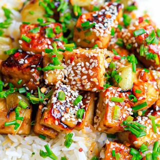 Sweet Chili Tofu, Singapore Noodles & Asian Slaw