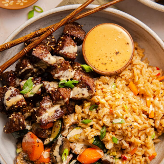 Hibachi Steak Bowl with brown rice & Stir Fried Vegetables