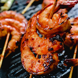 Korean BBQ Shrimp, Sesame Jasmine Rice, Cucumber Kimchi.