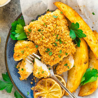 Panko Crusted Fish, Seasoned Wedges and Tangy Coleslaw