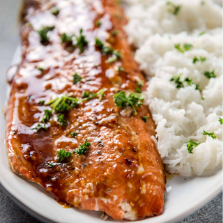 Korean BBQ Fish, Sesame Jasmine Rice and Cucumber kimchi