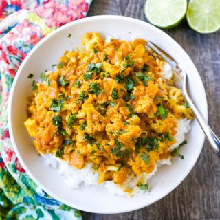 Coconut Cauliflower Curry, Indian Rice & Roasted Bell Peppers