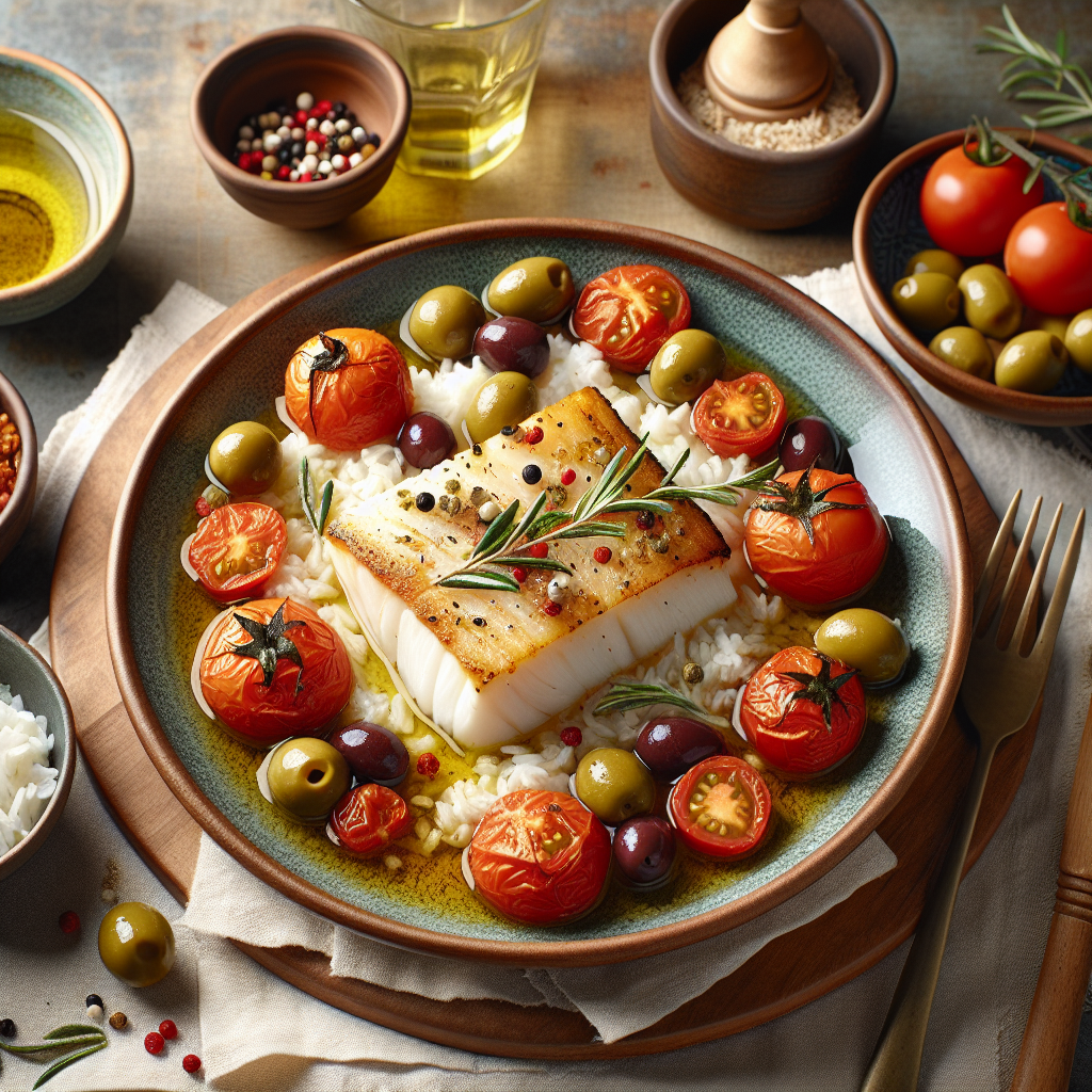 Mediterranean Cod with Tomatoes, Olives & Rice