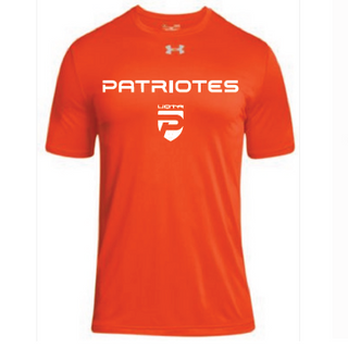 UA M'S team tech shortsleeve- Orange- écriture Patriotes Logo