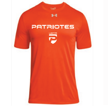 UA M'S team tech shortsleeve- Orange- écriture Patriotes Logo